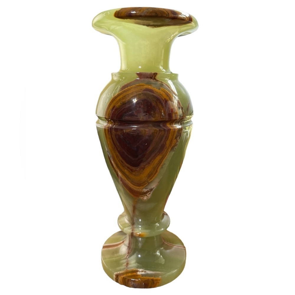 Solid Alabaster Vase Hand Turned Green and‎ Brown Heavy 8" Tall